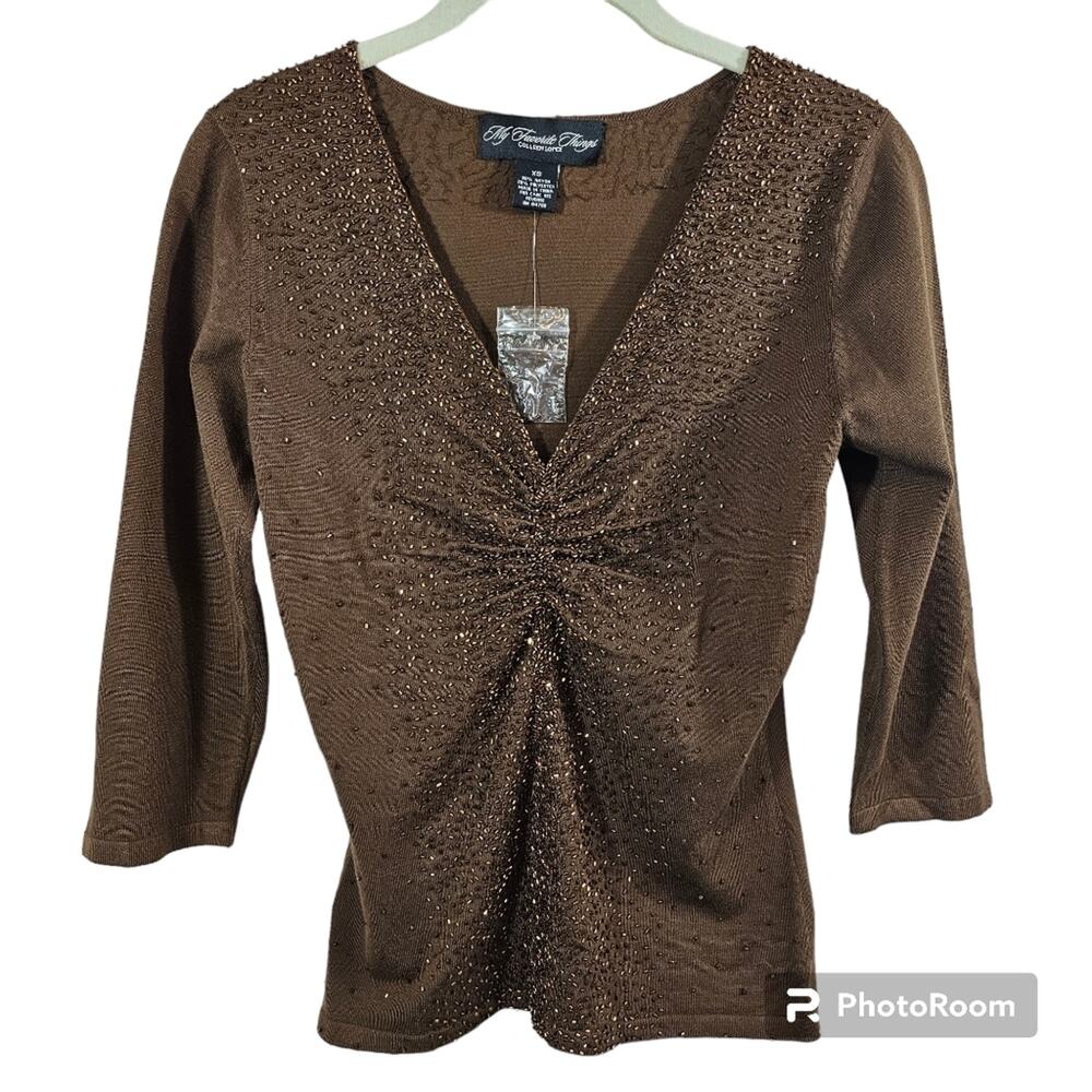 My Favorite Things Colleen Lopez Brown Beaded V- Neck Sweater XS